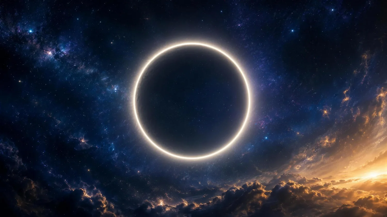 A perfectly round circle of soft white light glowing in a deep indigo starry void