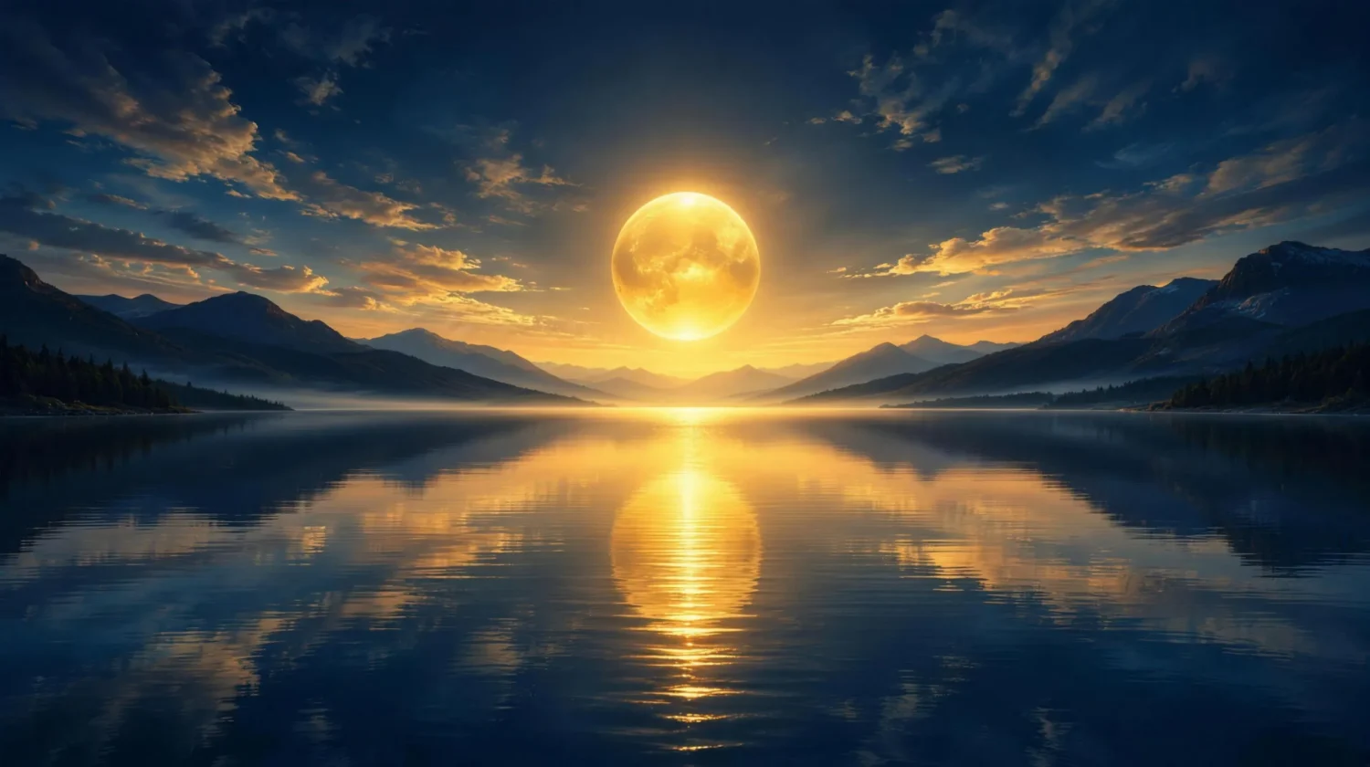 A glowing golden orb of light above a calm mirror-like lake at dawn with a path of light across the water