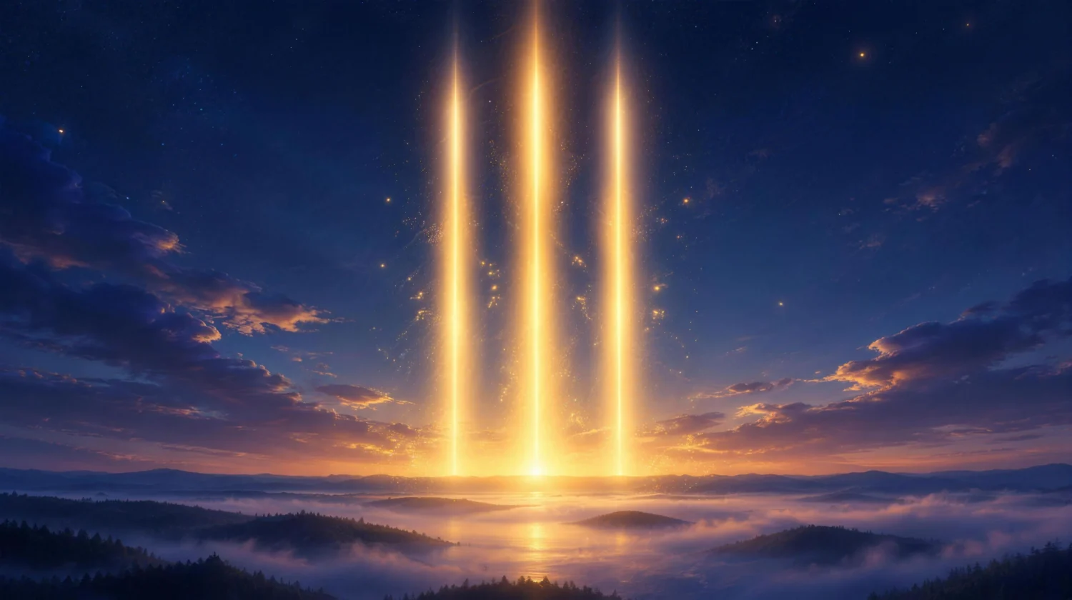 Three tall golden beams of light rising into an indigo twilight sky above a misty horizon, symbolizing new beginnings