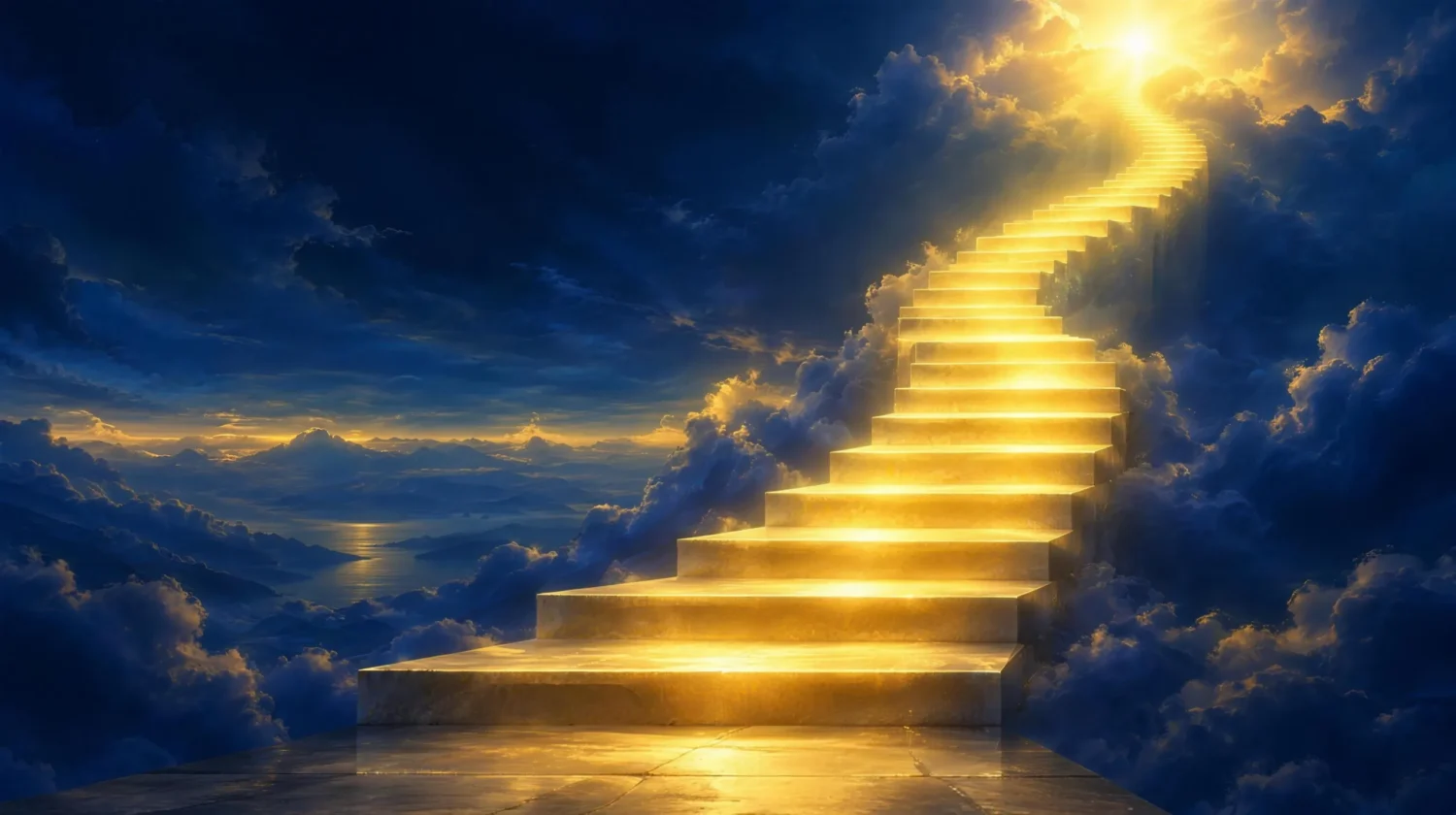 A softly glowing golden staircase of light rising step by step through a calm indigo sky