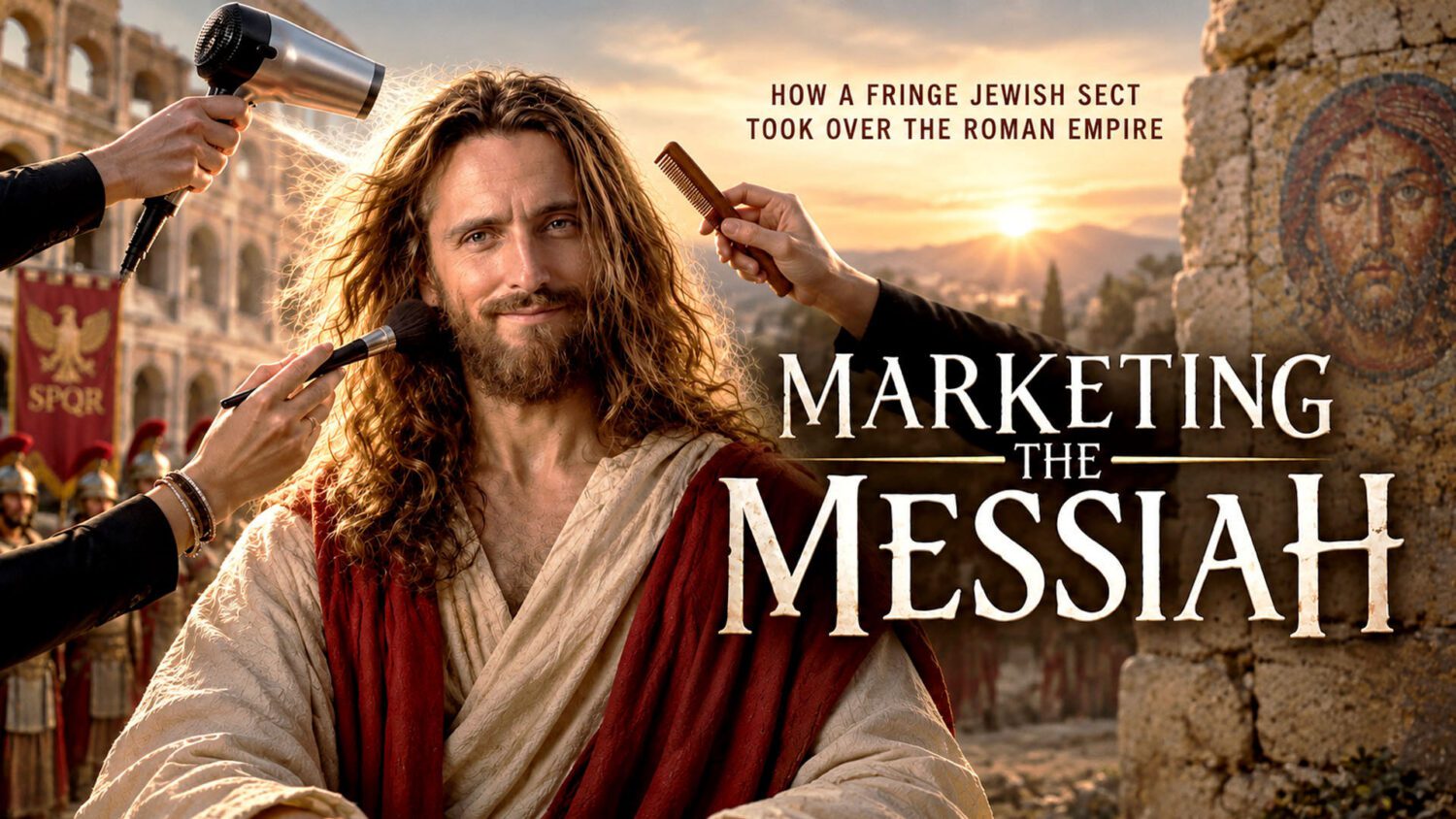 Marketing the Messiah key art: Jesus in robes being styled with a hairdryer, comb and makeup brush in front of the Roman Colosseum, with the line How a fringe Jewish sect took over the Roman Empire