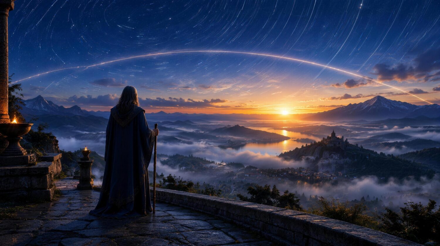 A robed seer seen from behind on a stone terrace at blue hour, looking toward a golden sunrise and star-filled sky, symbolizing 2027 predictions
