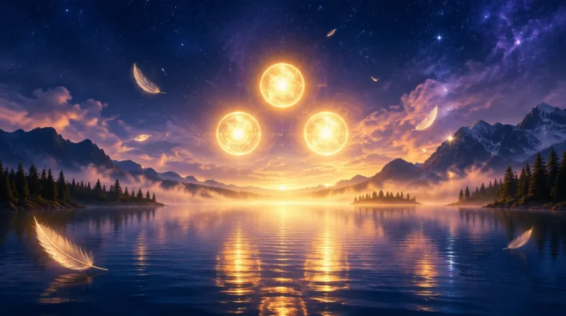 Three glowing golden orbs of light floating above a calm midnight lake at dawn, symbolizing the 333 angel number