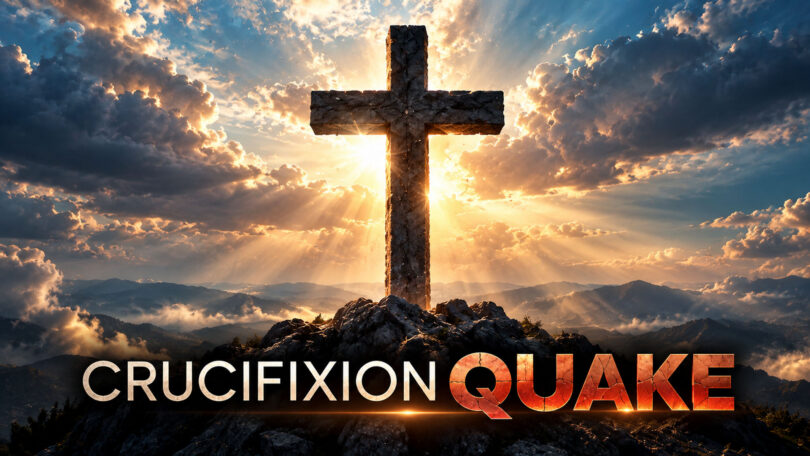 Crucifixion Quake film key art: a stone cross on a mountaintop with sunrays breaking through dramatic clouds