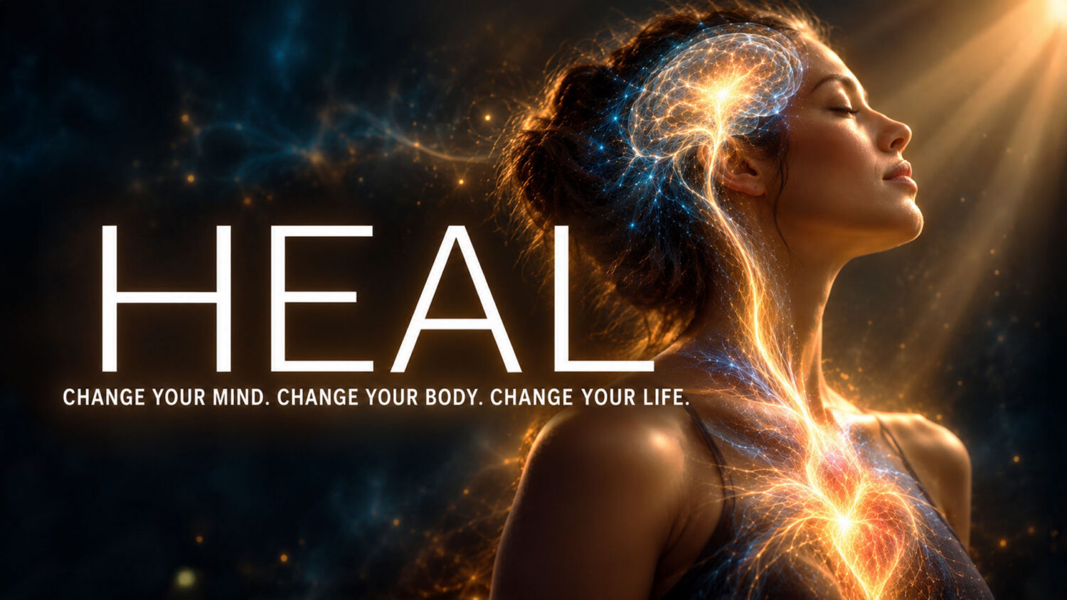 HEAL film key art: a woman in profile with a glowing brain and heart network of golden light, tagline Change your mind. Change your body. Change your life.
