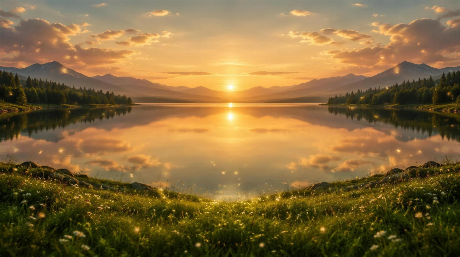 A still lake at dusk reflecting soft golden light above a calm green meadow, a balanced scene symbolizing returning to center