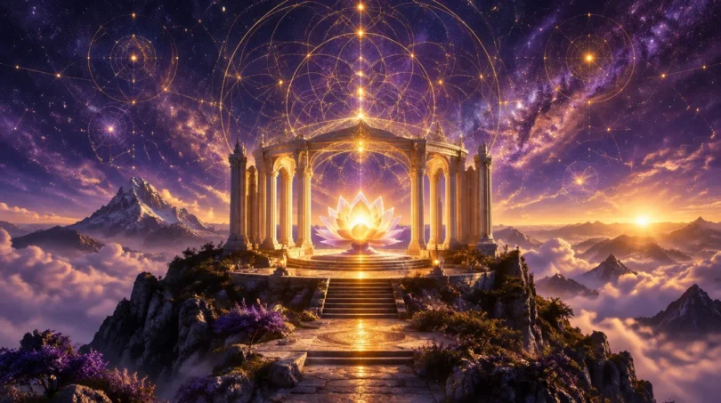 A mystical temple of light on a mountaintop beneath golden sacred geometry and a glowing lotus, symbolizing the 777 angel number