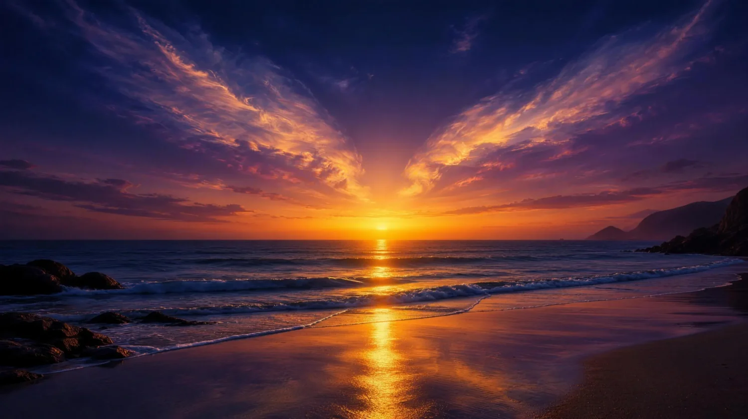 A tranquil twilight shoreline with a golden path of light fading into the horizon under a violet sky