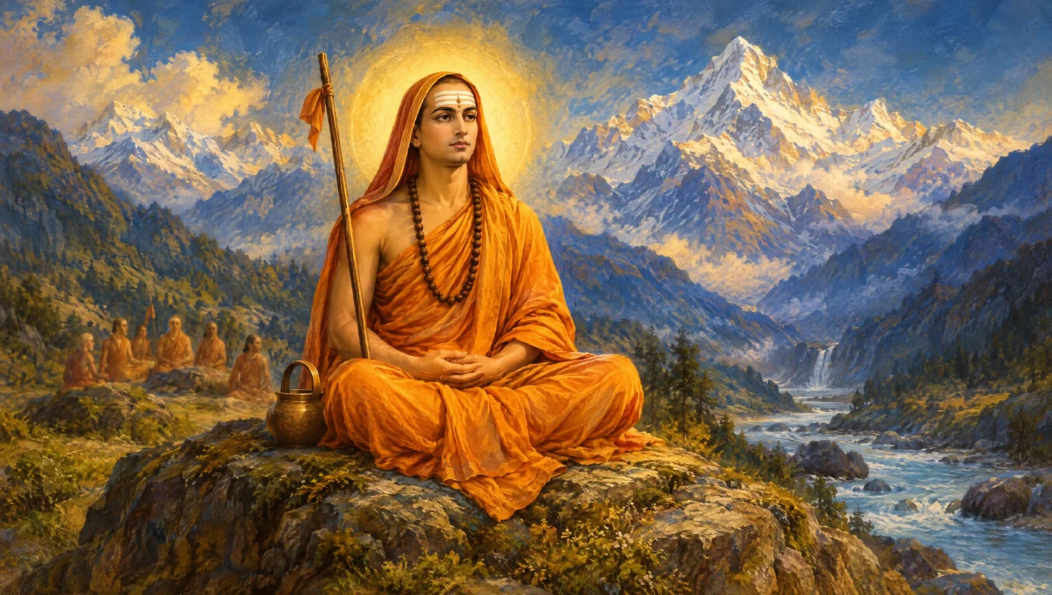 Devotional oil painting of Adi Shankara in saffron robes meditating in the Himalayas with a golden halo
