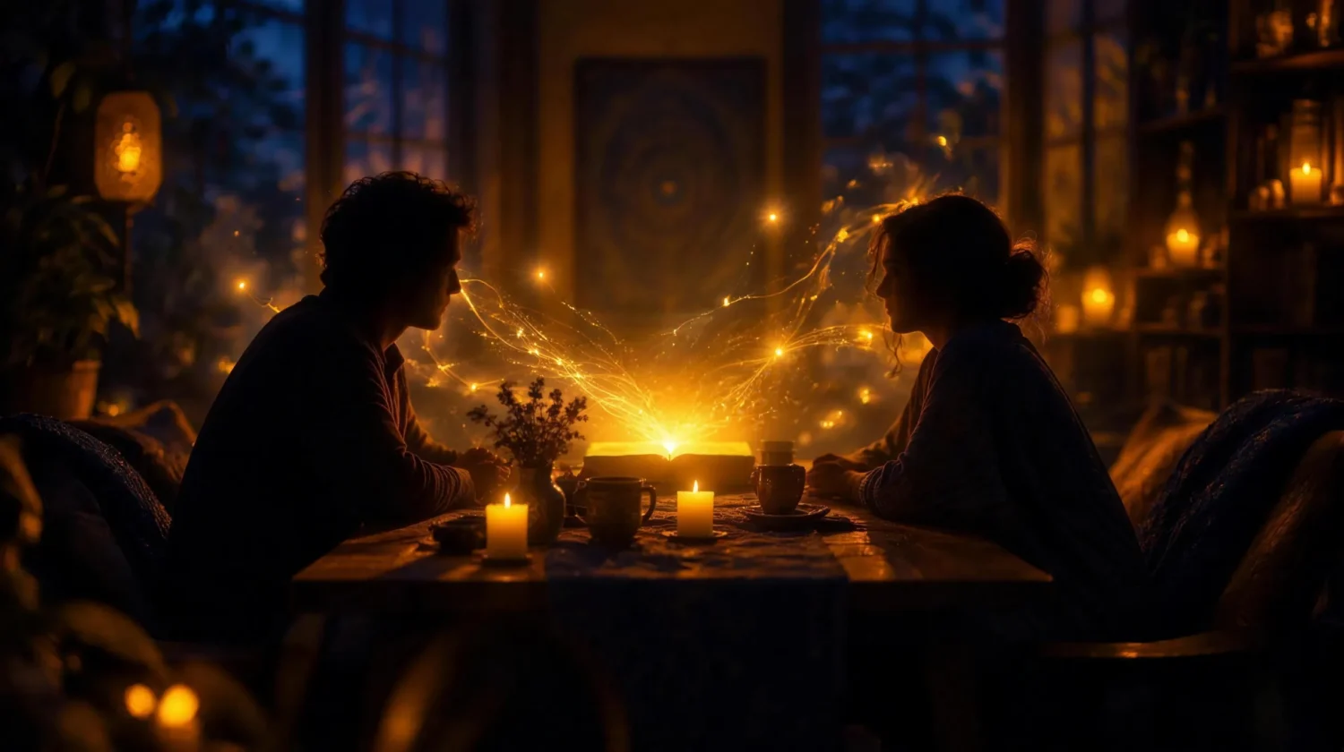 A warm candlelit consultation scene with a glowing open book of golden light between two seated figures, symbolizing an Akashic Records reading