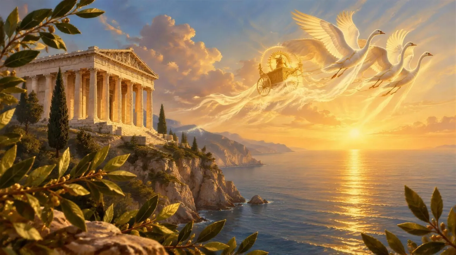 A white marble Greek temple of Apollo on a rocky northern shore at golden hour while a glowing chariot drawn by white swans crosses the sunset sky