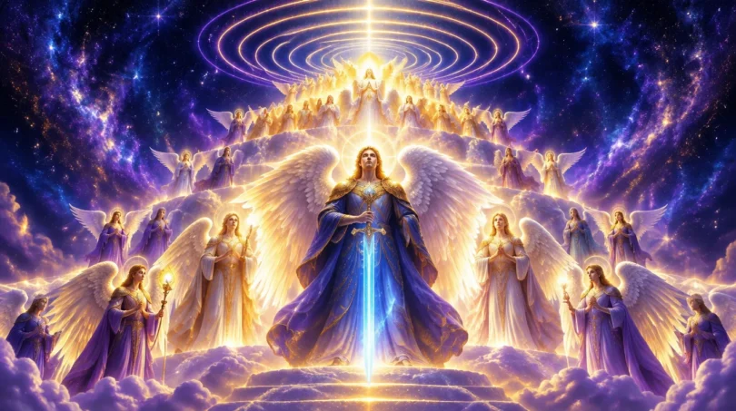 Luminous angels with glowing wings arranged in rising tiers of light around a central archangel holding a blue sword of light