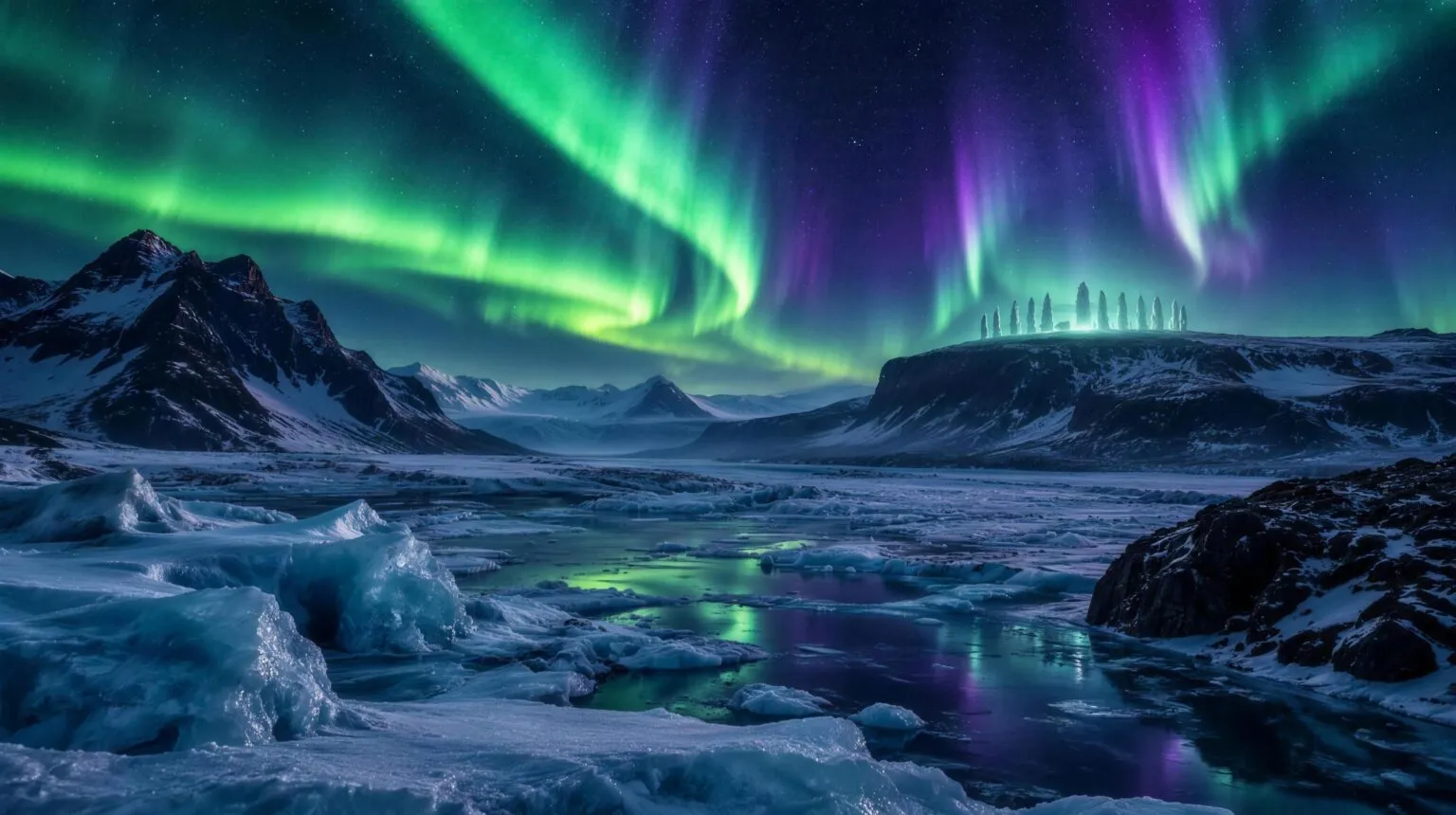 An Arctic night with a green and violet aurora over ice fields and a faint ring of luminous standing stones on a distant plateau
