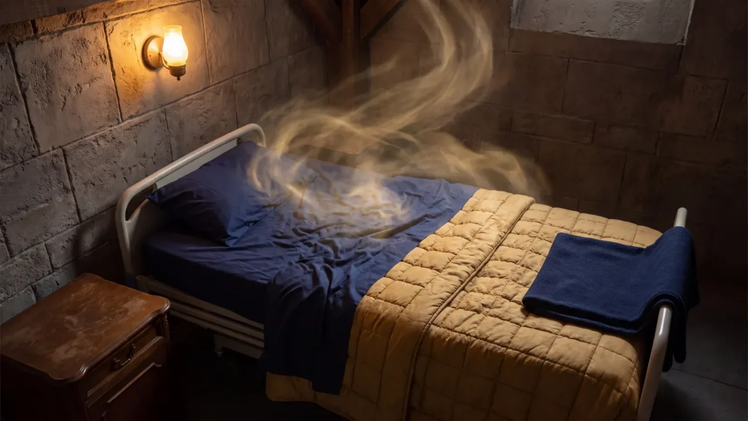 Hospital bed seen from above with a faint golden mist rising toward the ceiling