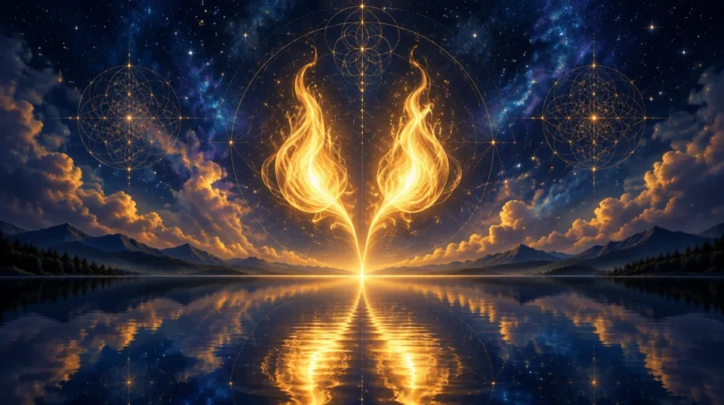 A single golden flame dividing into two flames that float side by side above a still lake under a starry indigo sky, symbolizing the twin flame question