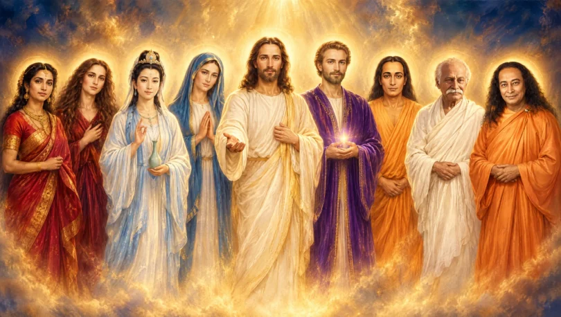 Painted group portrait of nine ascended masters including Jesus, Mother Mary, Mary Magdalene, Kuan Yin, Saint Germain, Babaji, Lahiri Mahasaya and Yogananda in golden light