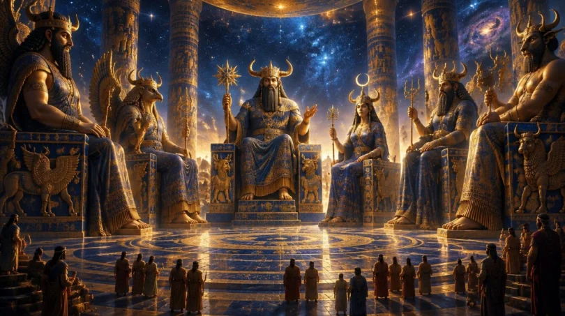 An assembly of towering horned-crowned gods in a starlit hall with small human figures below, in ancient Mesopotamian style