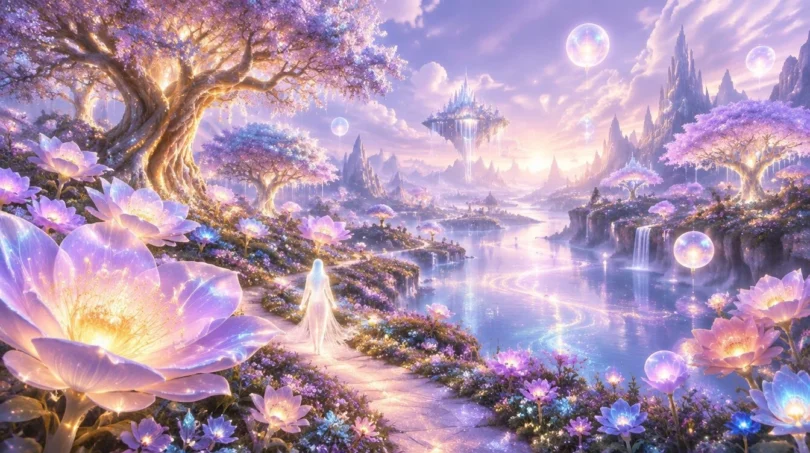 A glowing figure walking through a dreamlike landscape of giant flowers and trees under a lavender sky