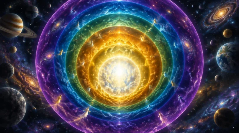 Nested concentric spheres of colored light representing the layered realms of the astral plane