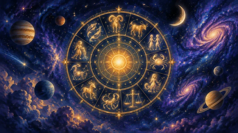 Painted illustration of a glowing golden zodiac wheel with twelve constellation symbols floating in a deep indigo night sky with stars and a crescent moon