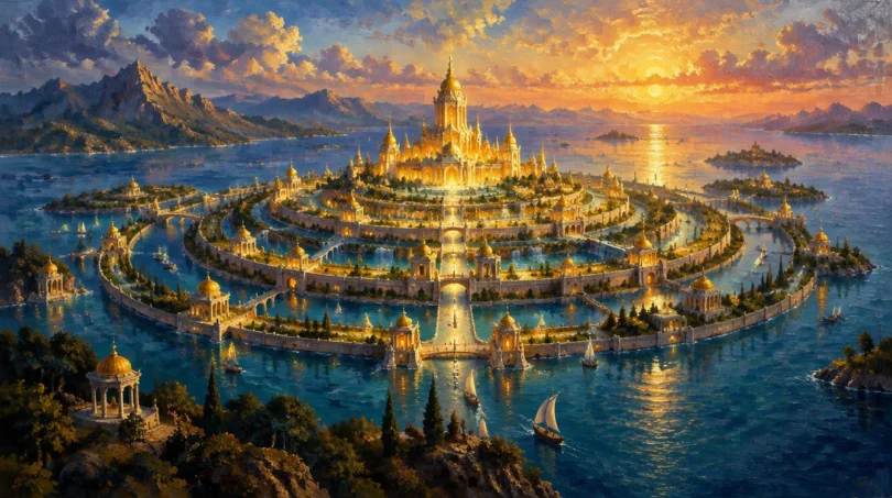 Painting of the legendary island city of Atlantis, a radiant city of concentric rings and golden temples rising from calm water at dusk