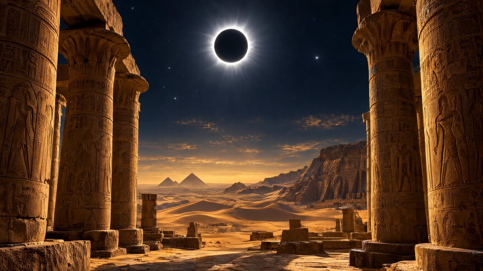 A total solar eclipse with a white corona above ancient stone temple columns in an Egyptian desert, evoking the August 2, 2027 eclipse path