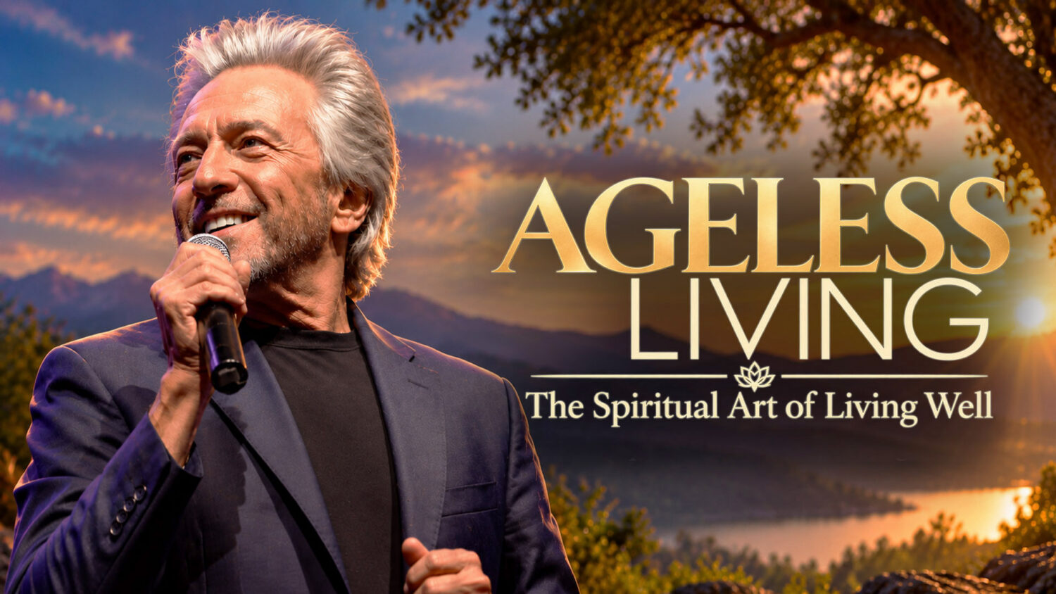 Ageless Living: The Spiritual Art of Living Well key art: Gregg Braden speaking into a microphone at sunset