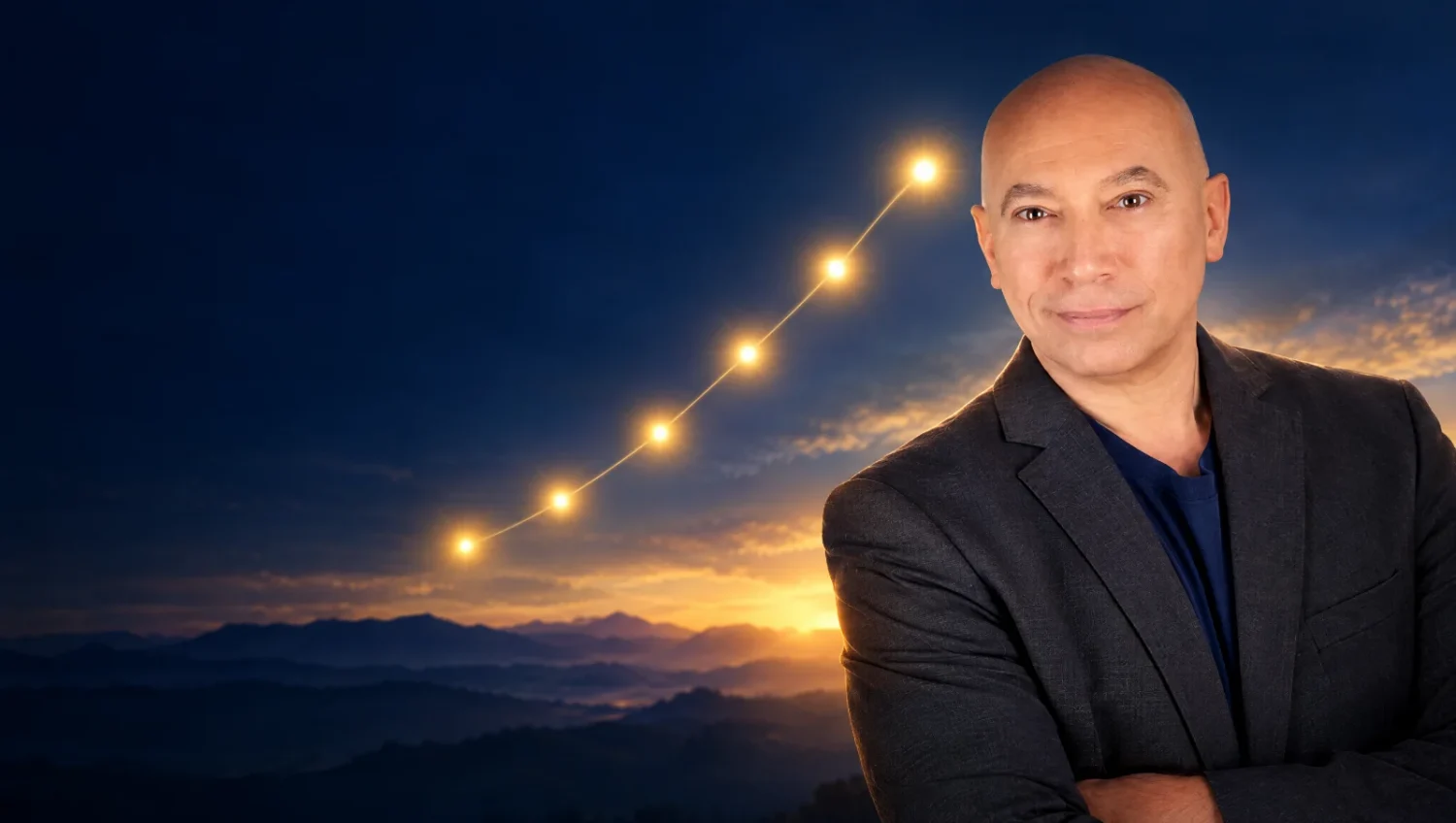 Darryl Anka at dawn with five glowing golden points of light rising behind him, representing the five steps of the Bashar Formula