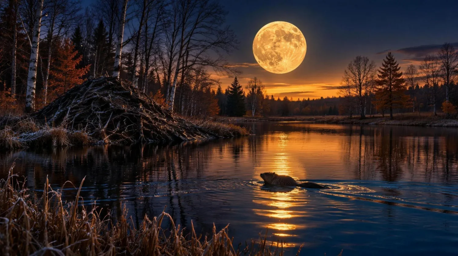 A glowing full moon rising over a still beaver pond at dusk with a beaver lodge and a beaver swimming in the moonlit water