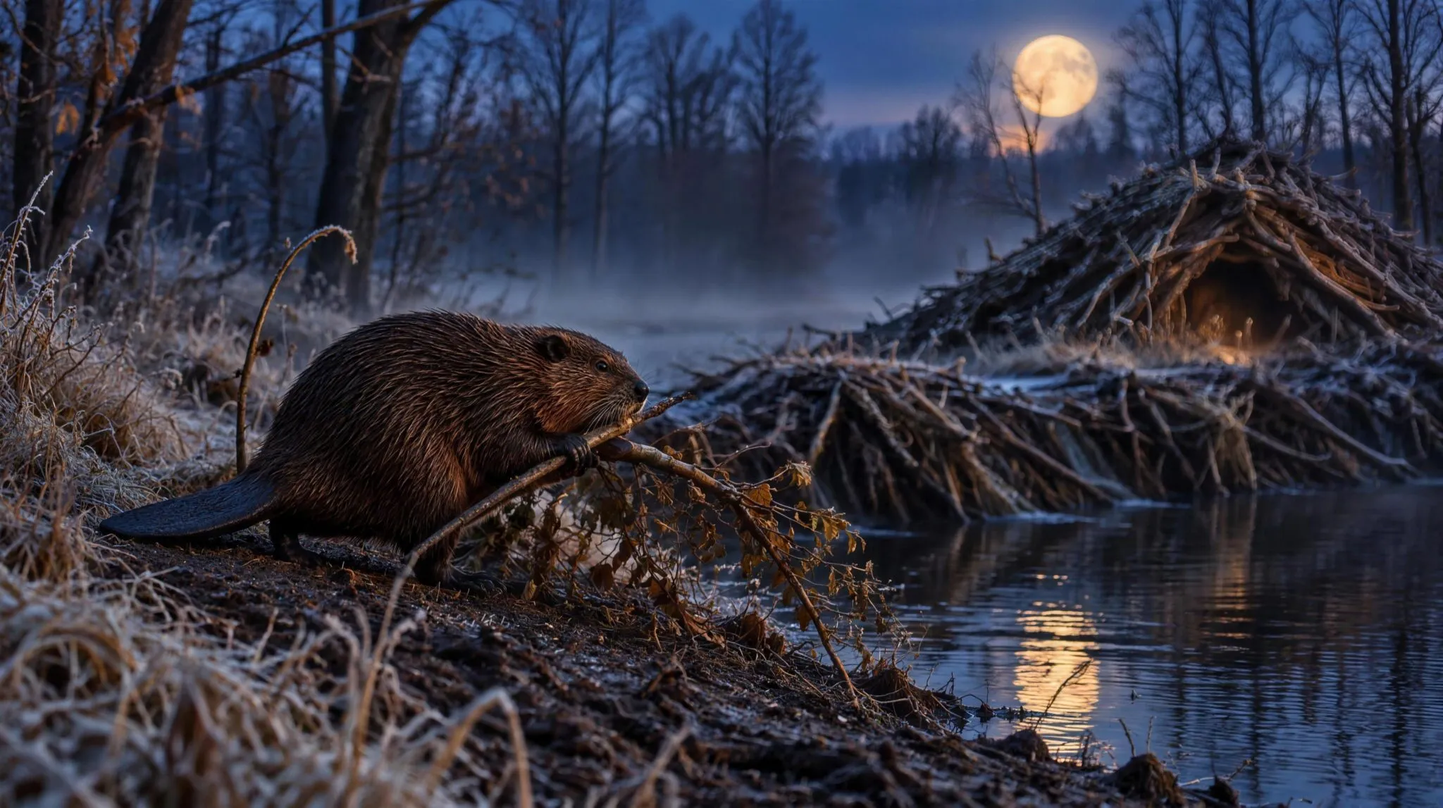 A North American beaver carrying a branch along a frosty pond bank at twilight beneath a pale full moon