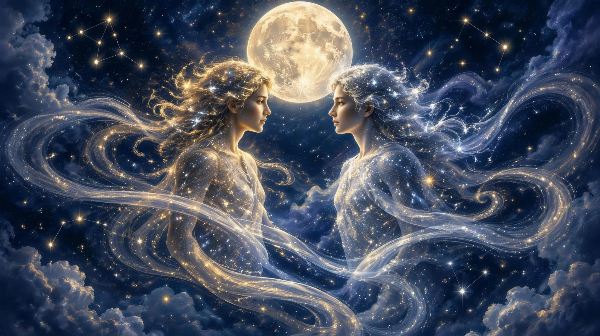 Two luminous figures made of starlight facing each other beneath a large glowing full moon, representing the Gemini twins