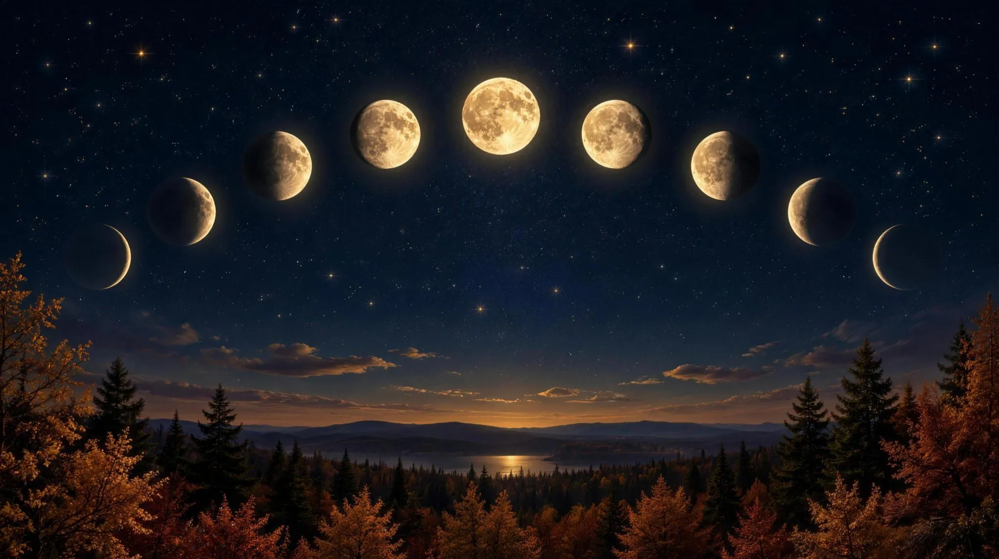 The eight phases of the moon arranged in an arc across a starry sky above a quiet autumn forest