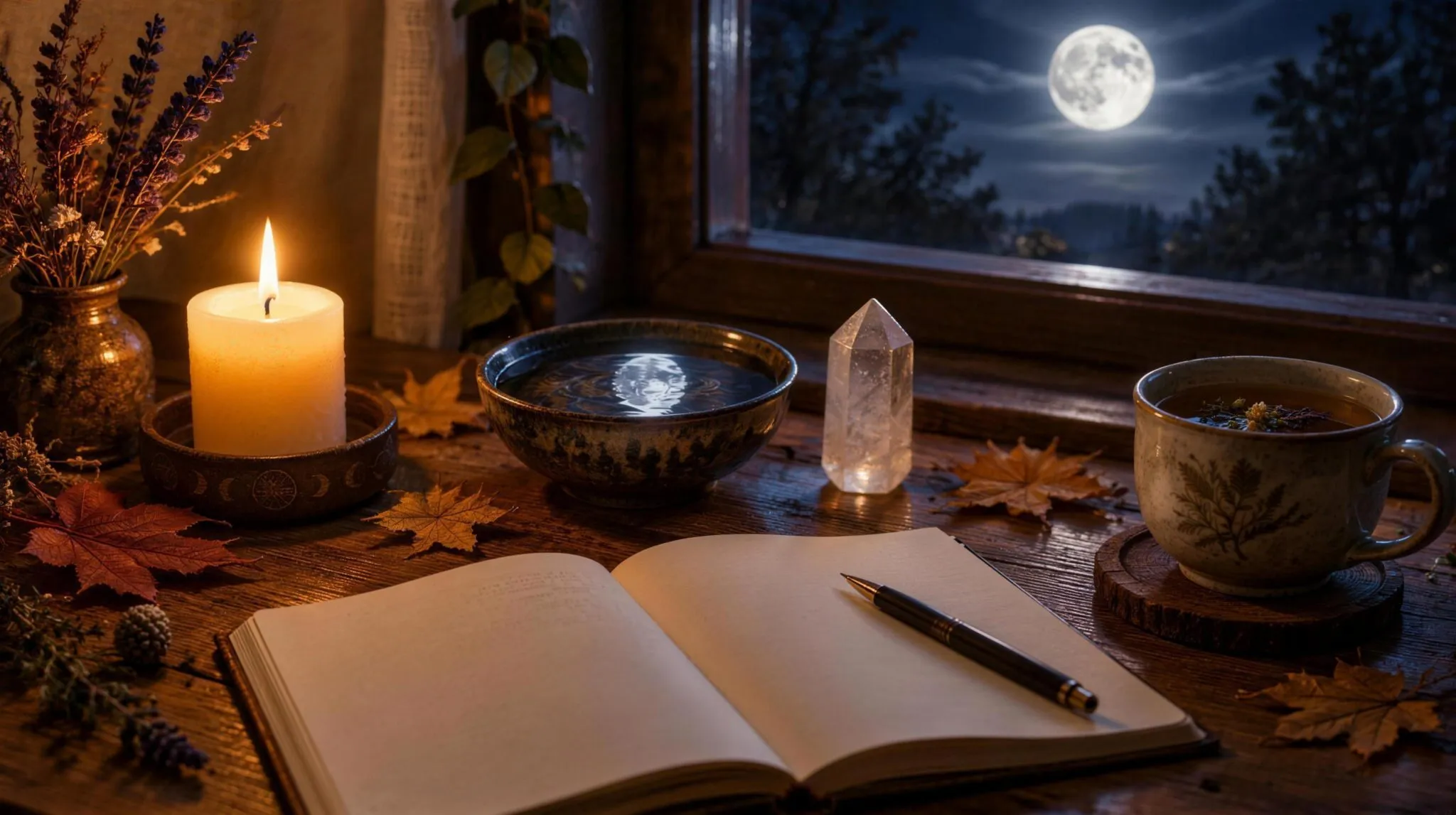 A moon ritual altar with a candle, open journal, bowl of water, autumn leaves and quartz crystal beside a window showing the full moon