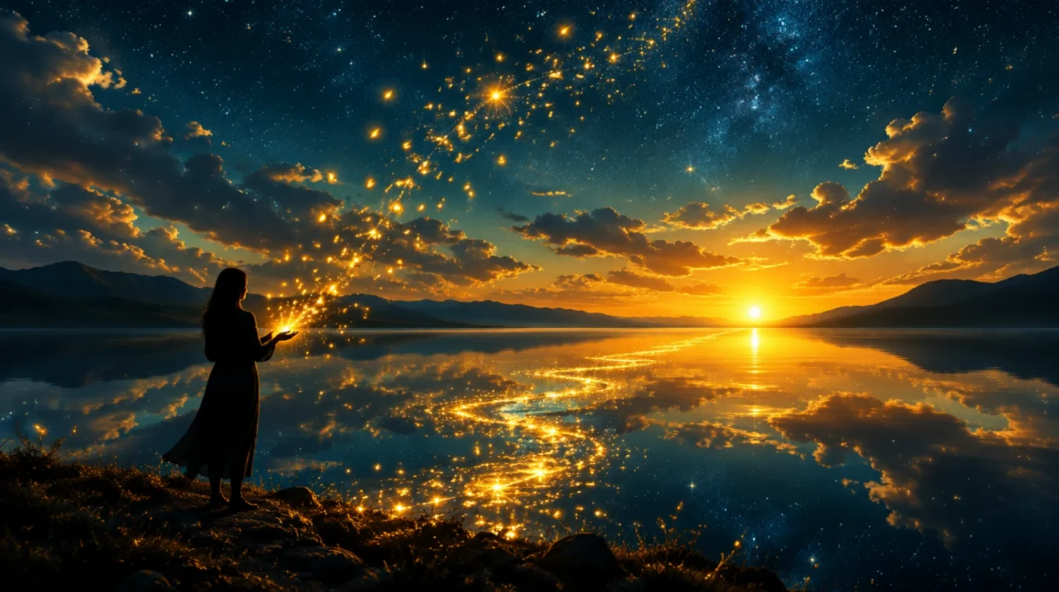 A silhouetted person at a calm lake at twilight, golden points of light rising from their hands toward a glowing sunrise
