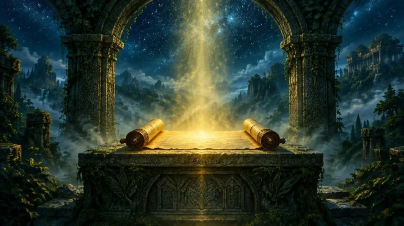 An unrolled ancient scroll on a stone altar glowing with golden light beneath a starlit sky and a temple archway