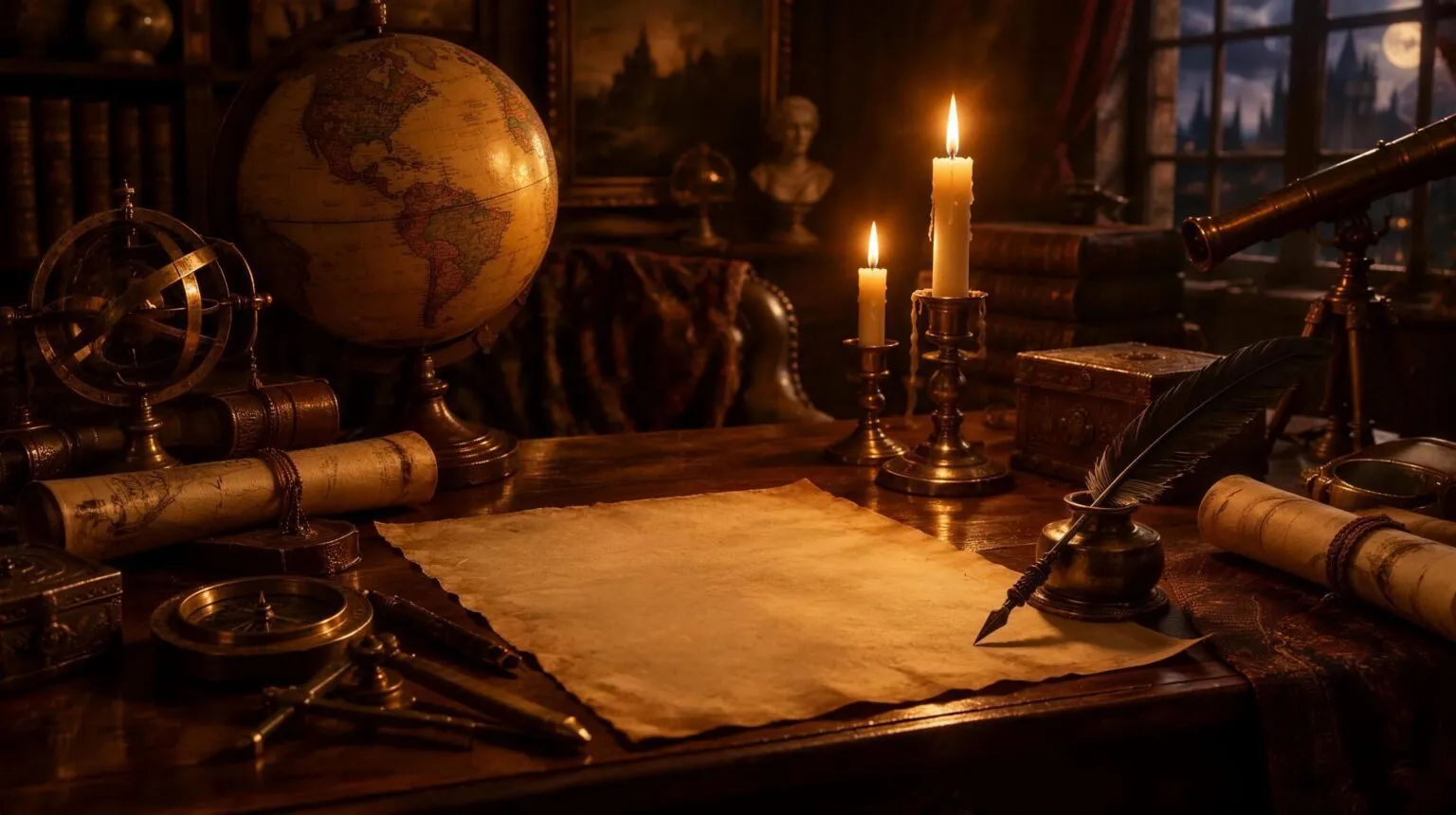 A candlelit Victorian study with an antique globe, blank parchment maps and a quill pen, the world of Helena Blavatsky and Theosophy