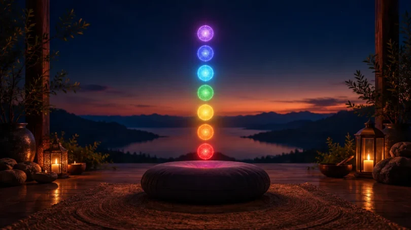 Seven softly glowing orbs of rainbow light stacked above an empty meditation cushion at twilight, representing the seven chakras
