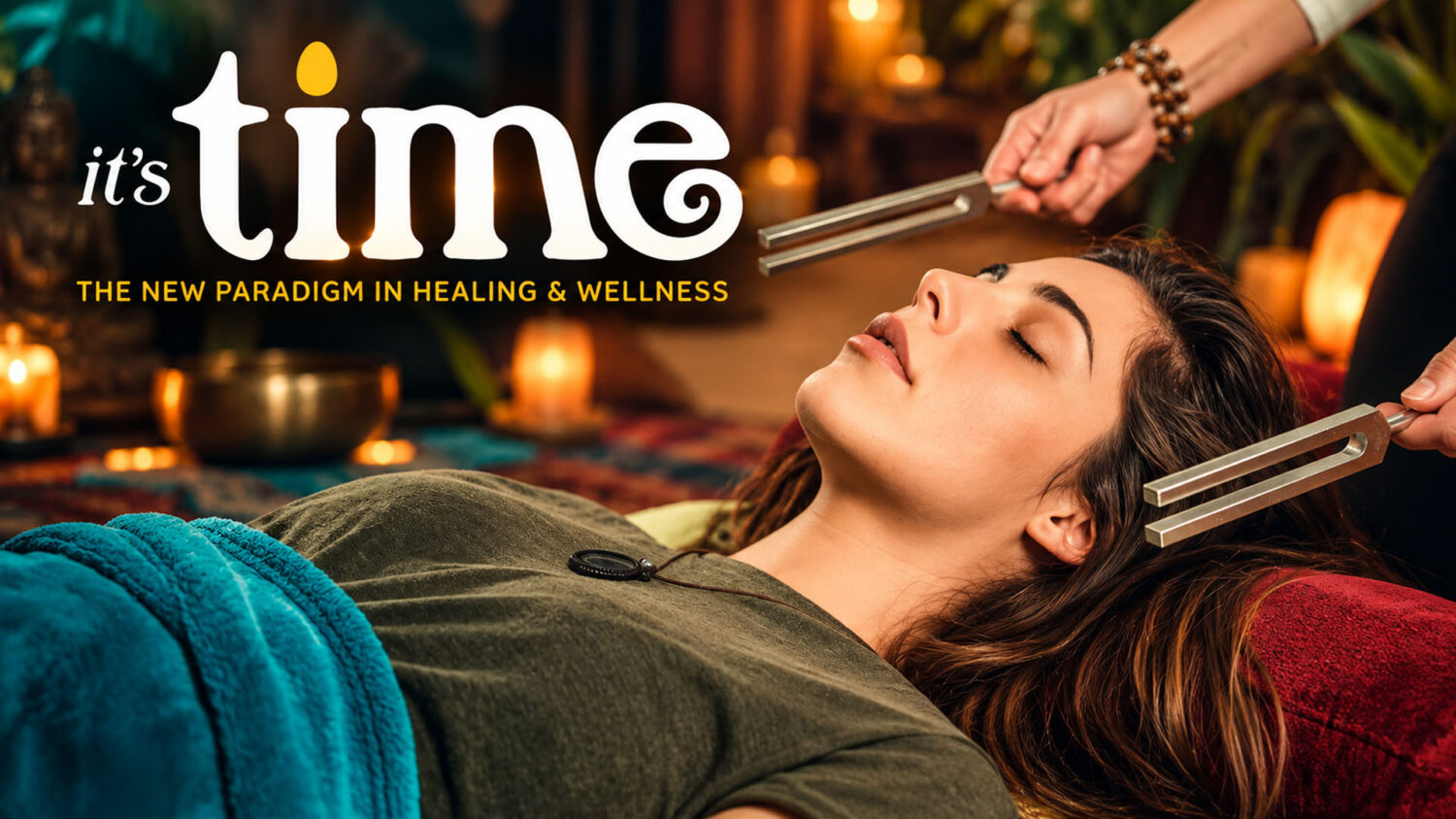 It's Time film key art: a woman receiving tuning fork sound healing among candles, tagline The new paradigm in healing and wellness
