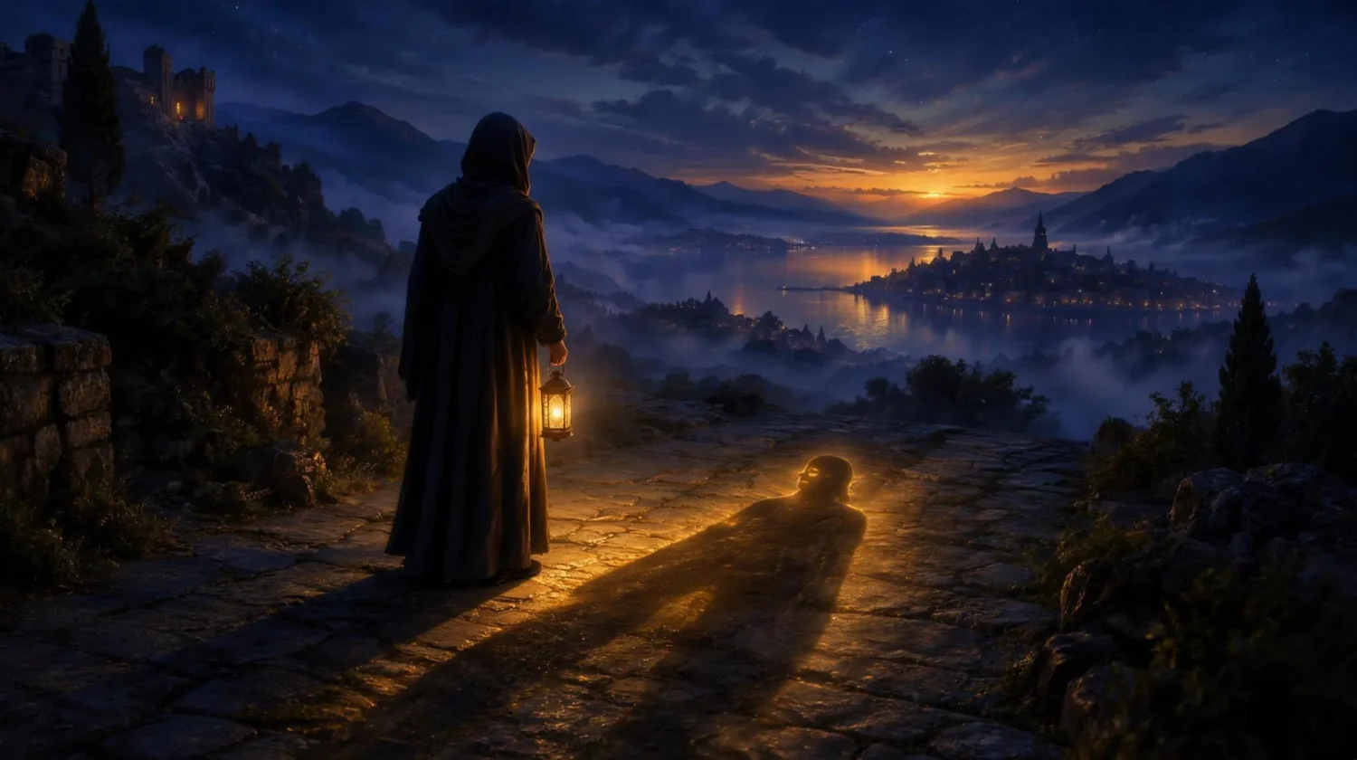 A robed figure holding a lantern at dusk, with a long golden-glowing shadow stretching across the path, symbolizing Carl Jung's shadow