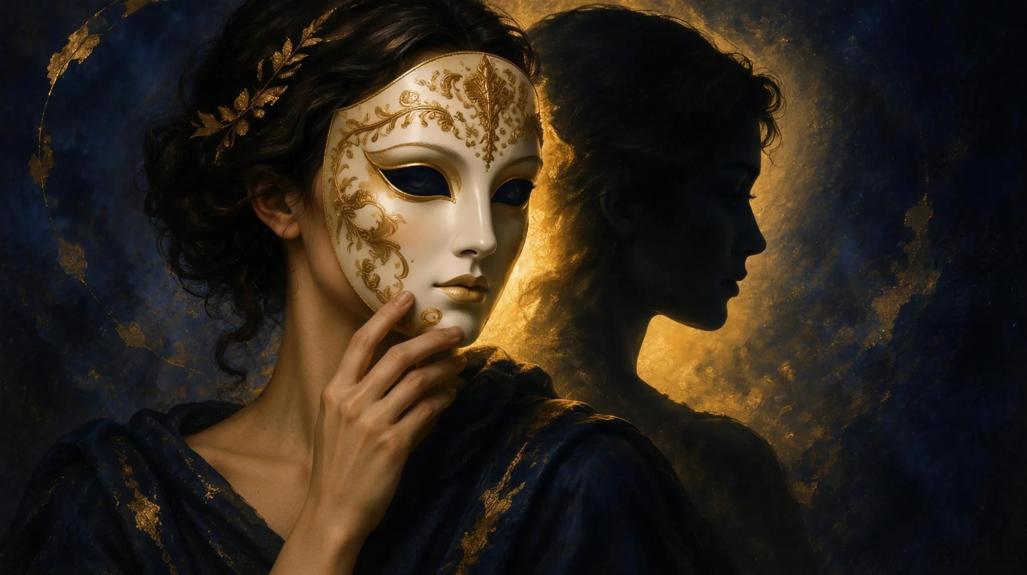 A person holding a white theatrical mask before their face while a dim shadow profile of the same person waits behind it