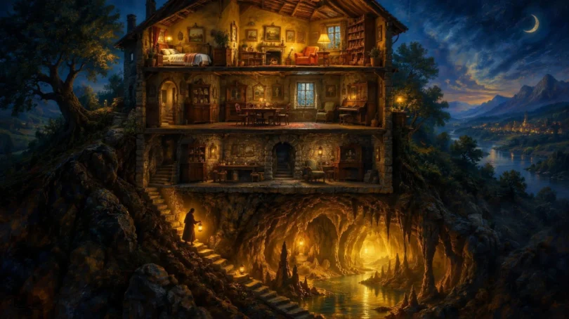 Cross section of a many-storied house with a stairway descending from a lit upper floor through a cellar into a glowing ancient cave