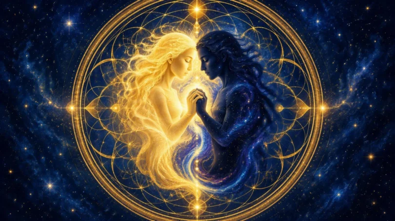 Two figures, one of golden light and one of deep indigo shadow, joining hands at the center of a glowing mandala to form one whole