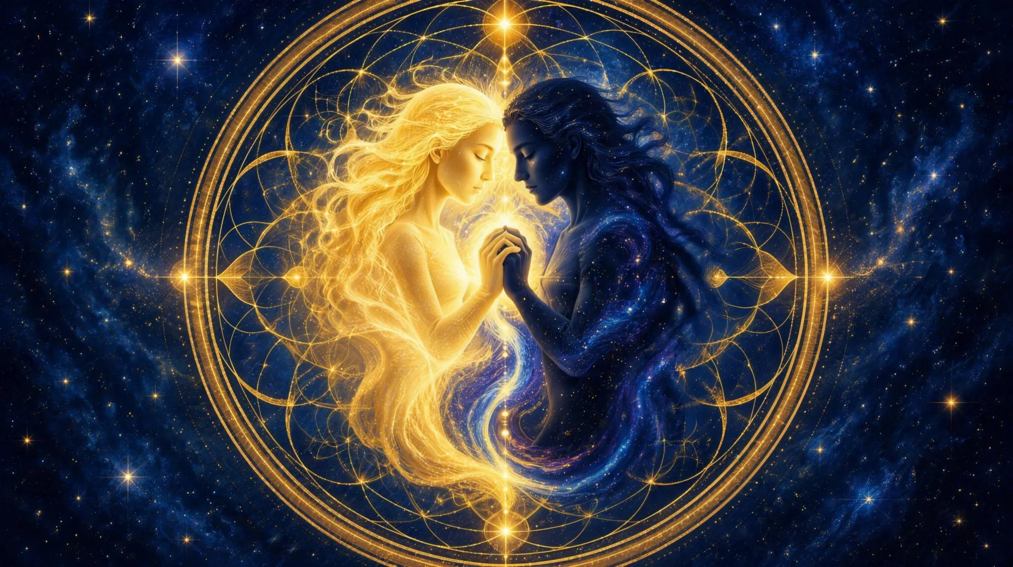 Two figures, one of golden light and one of deep indigo shadow, joining hands at the center of a glowing mandala to form one whole