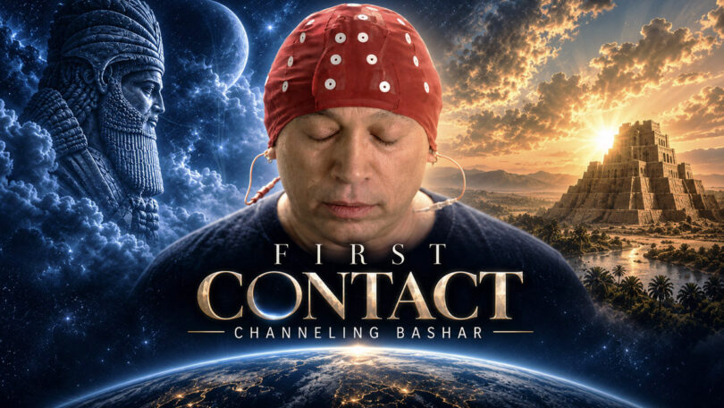 First Contact: Channeling Bashar film key art: a man wearing an EEG cap with eyes closed between an ancient Mesopotamian statue and a ziggurat at sunrise