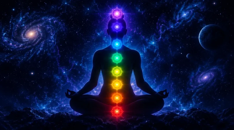 Seven glowing chakra orbs in rainbow colors stacked along the spine of a seated meditating silhouette