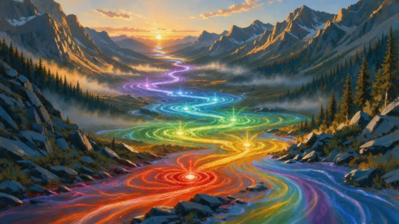 A river of rainbow-colored energy flowing through a mountain valley at sunrise
