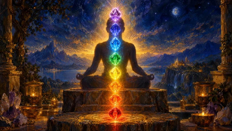 Seven glowing crystals in the colors of the chakras on a stone altar before a meditating figure