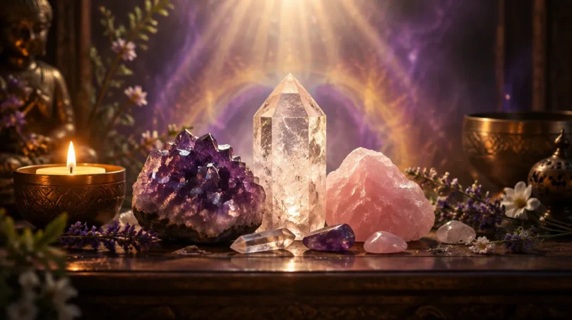 Amethyst, clear quartz and rose quartz crystals on a dark wooden altar beside a softly glowing candle with a faint violet and gold aura