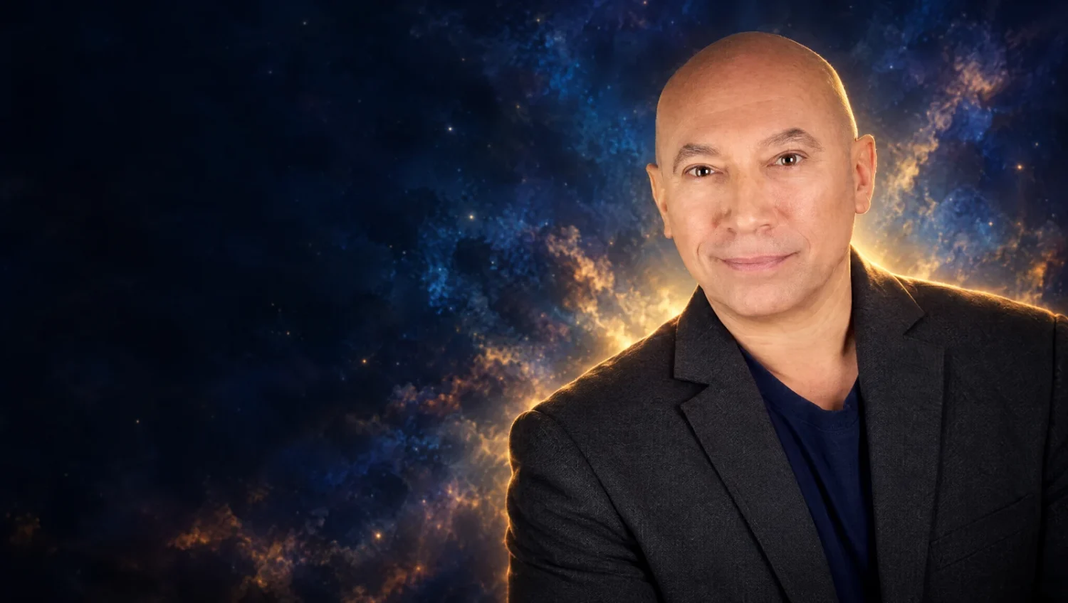 Darryl Anka, the channeler who speaks as Bashar, in front of a deep blue cosmos with a golden glow