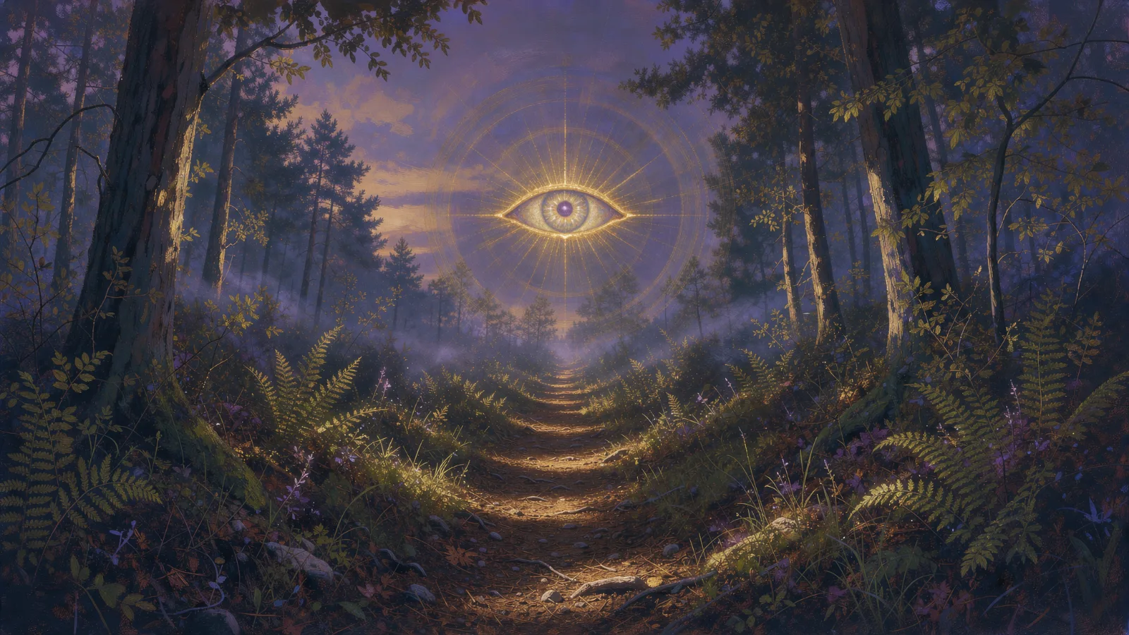 A glowing eye of light above a quiet forest path at twilight, representing inner knowing and intuition